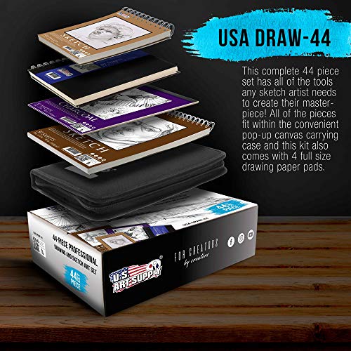 U.S. Art Supply 44-Piece Drawing & Sketching Art Set with 4 Sketch Pads (242 Paper Sheets) - Professional Artist Kit, Graphite, Charcoal, Pastel Pencils & Sticks, Erasers - Pop-Up Carry Case, Student