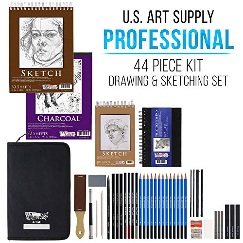 U.S. Art Supply 44-Piece Drawing & Sketching Art Set with 4 Sketch Pads (242 Paper Sheets) - Professional Artist Kit, Graphite, Charcoal, Pastel Pencils & Sticks, Erasers - Pop-Up Carry Case, Student