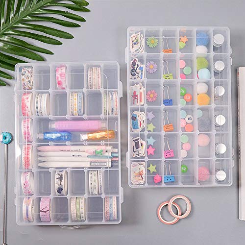 OUTUXED 2pack 36 Grids Clear Plastic Organizer Box Container Craft Storage with Adjustable Dividers for Beads Organizer Art DIY Crafts Jewelry Fishing Tackles with 5 Sheets Label Stickers