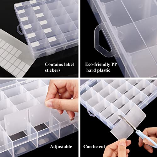 OUTUXED 2pack 36 Grids Clear Plastic Organizer Box Container Craft Storage with Adjustable Dividers for Beads Organizer Art DIY Crafts Jewelry Fishing Tackles with 5 Sheets Label Stickers