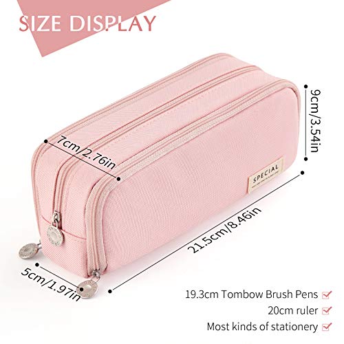 CICIMELON Large Capacity Pencil Case 3 Compartment Pouch Pen Bag for School Teen Girl Boy Men Women (Pink)