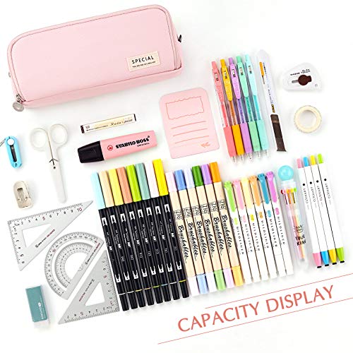 CICIMELON Large Capacity Pencil Case 3 Compartment Pouch Pen Bag for School Teen Girl Boy Men Women (Pink)