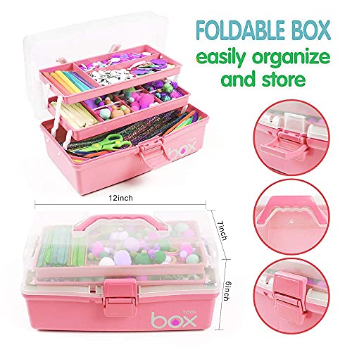 TERGOO 12in Three-Layer Multipurpose Storage Box Organizer Folding Tool Box/Art & Crafts Case/Sewing Supplies Organizer/Medicine Box/Family First Aid Box with 2 Trays (Pink)