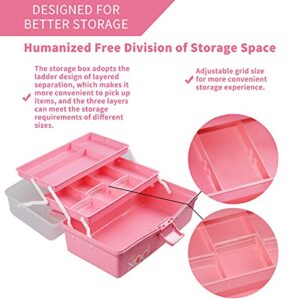 TERGOO 12in Three-Layer Multipurpose Storage Box Organizer Folding Tool Box/Art & Crafts Case/Sewing Supplies Organizer/Medicine Box/Family First Aid Box with 2 Trays (Pink)