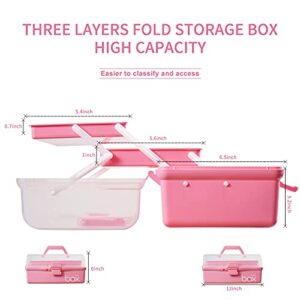 TERGOO 12in Three-Layer Multipurpose Storage Box Organizer Folding Tool Box/Art & Crafts Case/Sewing Supplies Organizer/Medicine Box/Family First Aid Box with 2 Trays (Pink)