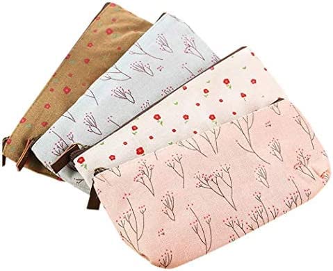 Countryside Flower Floral Cosmetic Makeup Bag Cute Floral Flower Canvas Zipper Pencil Pen Cases, Multi-functional lovely Flower Tree Fabric Coin Purse(4 Pcs)