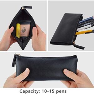 MROCO Pencil Case Pencil Pouch Black Pencil Bag PU Leather Pen Case Small Zipper Pouch for Pencils, Pens, Markers, Makeups, Change, Coins