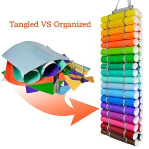 Tunnkit Vinyl Roll Holder - 36 Compartments Vinyl Storage Organizer with 7 Mesh Pockets Storage, Wall Mount/Over The Door Vinyl Roll Storage, with 2 Hooks and 2 Hanging Straps (Grey)