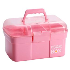 kinsorcai 11” plastic storage box with removable tray, multipurpose organizer and storage case for art craft and cosmetic (pink)
