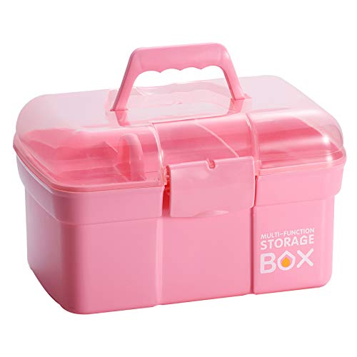 Kinsorcai 11'' Plastic Storage Box with Removable Tray, Multipurpose Organizer and Storage Case for Art Craft and Cosmetic (Pink)