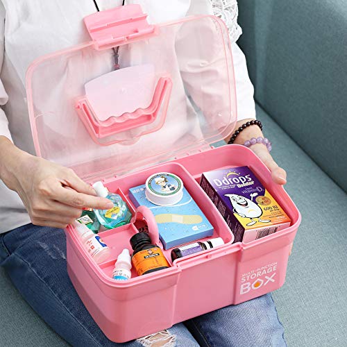 Kinsorcai 11'' Plastic Storage Box with Removable Tray, Multipurpose Organizer and Storage Case for Art Craft and Cosmetic (Pink)