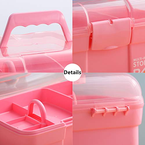 Kinsorcai 11'' Plastic Storage Box with Removable Tray, Multipurpose Organizer and Storage Case for Art Craft and Cosmetic (Pink)