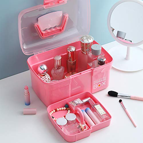 Kinsorcai 11'' Plastic Storage Box with Removable Tray, Multipurpose Organizer and Storage Case for Art Craft and Cosmetic (Pink)