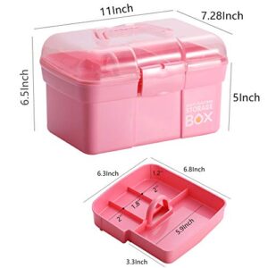 Kinsorcai 11'' Plastic Storage Box with Removable Tray, Multipurpose Organizer and Storage Case for Art Craft and Cosmetic (Pink)