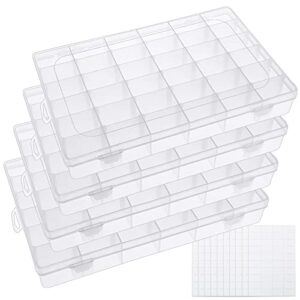 bakhuk 4 pack 36 grids clear plastic organizer box storage container with adjustable divider, tackle box organizer bead organizer art crafts jewelry with 400 label stickers