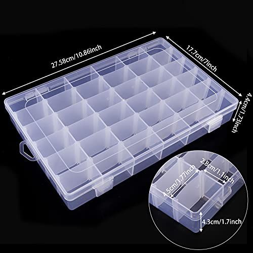 BAKHUK 4 Pack 36 Grids Clear Plastic Organizer Box Storage Container with Adjustable Divider, Tackle Box Organizer Bead Organizer Art Crafts Jewelry with 400 Label Stickers