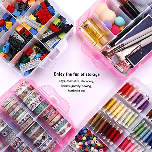 SGHUO 3-Tier Pink Craft Storage Container, Stackable Organizer Box with Dividers for Art Supplies, Beads, Washi Tapes, Seed, Hair Accessories, Nail, 9.5X6.5X7.2in