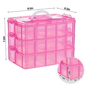 SGHUO 3-Tier Pink Craft Storage Container, Stackable Organizer Box with Dividers for Art Supplies, Beads, Washi Tapes, Seed, Hair Accessories, Nail, 9.5X6.5X7.2in