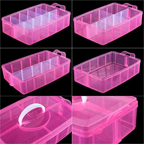 SGHUO 3-Tier Pink Craft Storage Container, Stackable Organizer Box with Dividers for Art Supplies, Beads, Washi Tapes, Seed, Hair Accessories, Nail, 9.5X6.5X7.2in