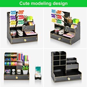 Marbrasse Upgraded Wooden Pencil Holder, Pen Organizer for Desk , Easy Assembly, Art Supply Organizer, Desktop Stationary Organizer Caddy (B17-Black)