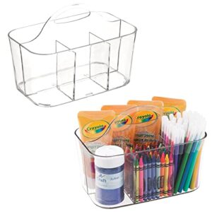 mdesign plastic portable craft storage organizer caddy tote, divided basket bin with handle for crafts, sewing, art supplies – holds brushes, colored pencils – lumiere collection – 2 pack – clear