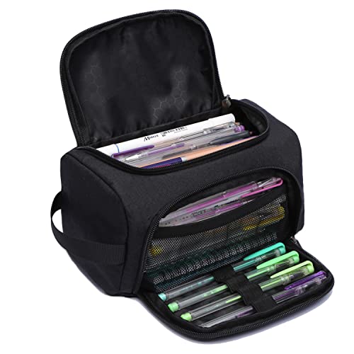 Large Pencil Case, Big Pencil Pouch with Easy Grip Handle for Girls Boys, Multifunction Pen Case Stationery Office Travel Makeup Organizer for Adults Women Men College Back to School Gifts for Students, Black