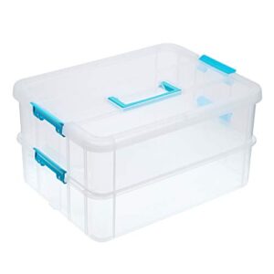 btsky 2 layer stack & carry box, plastic multipurpose portable storage container box handled organizer storage box for organizing stationery, sewing, art craft, jewelry and beauty supplies blue