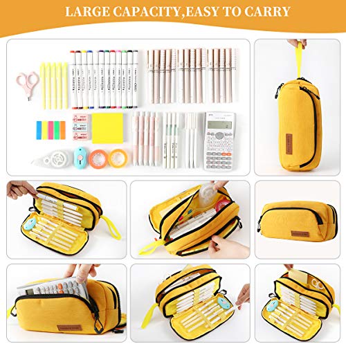 Tineeba Big Capacity Pencil Case Pouch Bag Pen Boxes for Girls Boys Supplies for College Students Middle High School Office Large Storage (Yellow)