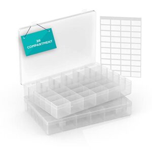 simartz plastic large bead organizer box with adjustable dividers 2-pack 36 grids. tackle box organizer with 5 sheets of labeling stickers for jewelry, crafts, stationery, cosmetics and more