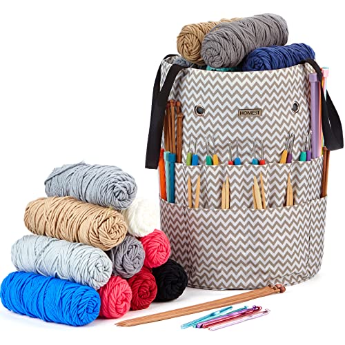 HOMEST Large Crochet Bag with Customized Front Compartment for Knitting Accessories, Yarn Storage with 6 Oversized Grommets, Tote Organizer with Drawstring Closure, Ripple