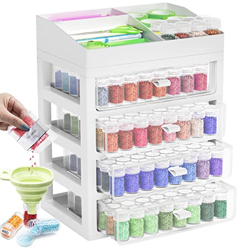 ARTDOT Storage Containers for Diamond Painting Accessories, Art Bead Organizer 4 Drawers with 192 Slots Storage Bottles and Diamond Painting Tools and Kits Rack with Funnel