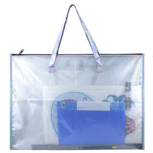 BUSOHA Large Clear Mesh Vinyl Bag with Handle and Zipper/Waterproof Art Storage Bag for Artworks, Charts and Teaching Material Multipurpose -19 x 25 Inch