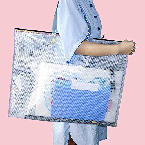 BUSOHA Large Clear Mesh Vinyl Bag with Handle and Zipper/Waterproof Art Storage Bag for Artworks, Charts and Teaching Material Multipurpose -19 x 25 Inch