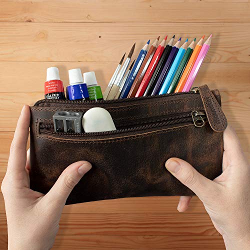 Moonster Leather Pencil Case Beautifully Handcrafted Zippered Pouch That’s Made To Last - Elegant, Practical Pencil Cases for Adults & Students - Unique 8" x 4" Design with Side Pocket & Keyring