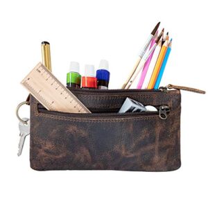 Moonster Leather Pencil Case Beautifully Handcrafted Zippered Pouch That’s Made To Last - Elegant, Practical Pencil Cases for Adults & Students - Unique 8" x 4" Design with Side Pocket & Keyring