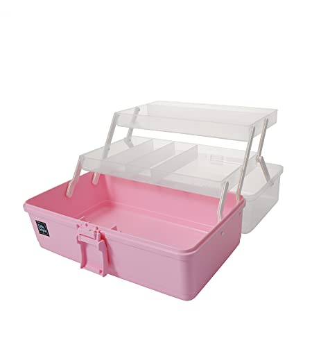 3 Layers Plastic Portable Storage Box, Multipurpose Organizer and Storage Case for Art Craft and Cosmetic, Portable Handled Storage Box for Home, School, Office, First Aids (Pink)