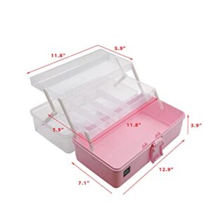 3 Layers Plastic Portable Storage Box, Multipurpose Organizer and Storage Case for Art Craft and Cosmetic, Portable Handled Storage Box for Home, School, Office, First Aids (Pink)