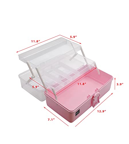 3 Layers Plastic Portable Storage Box, Multipurpose Organizer and Storage Case for Art Craft and Cosmetic, Portable Handled Storage Box for Home, School, Office, First Aids (Pink)