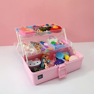 3 Layers Plastic Portable Storage Box, Multipurpose Organizer and Storage Case for Art Craft and Cosmetic, Portable Handled Storage Box for Home, School, Office, First Aids (Pink)