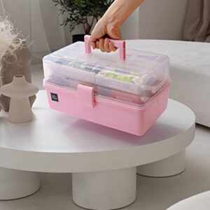 3 Layers Plastic Portable Storage Box, Multipurpose Organizer and Storage Case for Art Craft and Cosmetic, Portable Handled Storage Box for Home, School, Office, First Aids (Pink)