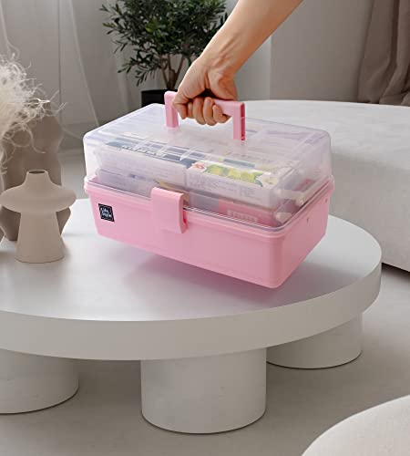 3 Layers Plastic Portable Storage Box, Multipurpose Organizer and Storage Case for Art Craft and Cosmetic, Portable Handled Storage Box for Home, School, Office, First Aids (Pink)