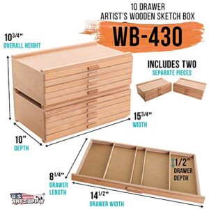 U.S. Art Supply 10 Drawer Wood Artist Supply Storage Box - Pastels, Pencils, Pens, Markers, Brushes