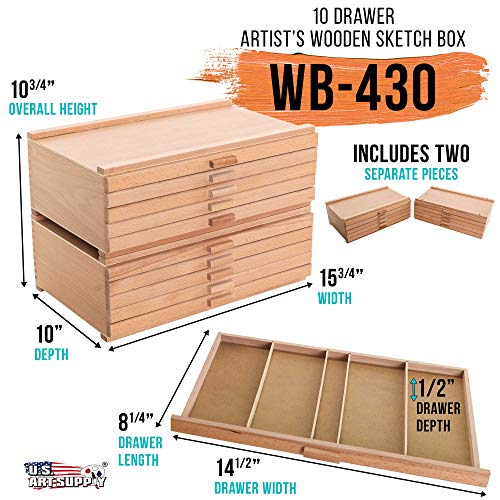 U.S. Art Supply 10 Drawer Wood Artist Supply Storage Box - Pastels, Pencils, Pens, Markers, Brushes