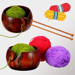 WILLBOND Wooden Yarn Bowl, 6 x 3 Inches Knitting Yarn Bowls with Holes Crochet Bowl Holder Handmade Yarn Storage Bowl for DIY Knitting Crocheting Accessories