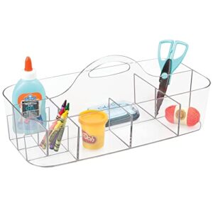 mdesign plastic portable craft storage organizer caddy tote, divided basket bin with handle for craft, sewing, art supplies – holds paint brushes, colored pencils, stickers, glue, x-large – clear