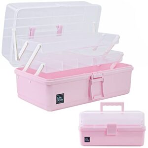 creahaus 13 inch art craft organizer storage box with 3 layers, multifunctional plastic tool box with handle for sewing, makeup, medicine, nail, hair accessories for kids (pink)