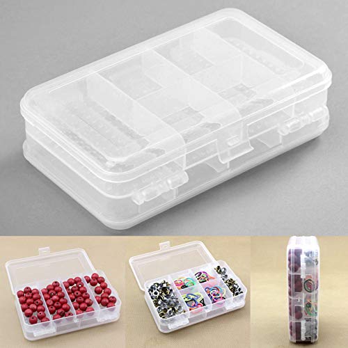 MUXSAM Double Sided Storage Organizer Container with Dividers, 1-Pack Jewelry Box Case 5.6x3.3in for Craft Beads Makeup Rings Earrings Necklace Fishing Tackles Screws (Plastic Front 4 + Back 6 Grids)