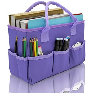 organizer storage tote bag for art and craft supplies with pockets, purple oxford tote bag for artist, kid, teacher
