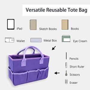 Organizer Storage Tote Bag for Art and Craft Supplies with Pockets, Purple Oxford Tote Bag for Artist, Kid, Teacher