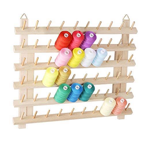 MOOACE 60 Spool Sewing Thread Rack with Hanging Hook, Wall Mounted Wooden Thread Holder Organizer for Embroidery, Hair Braiding, Sewing